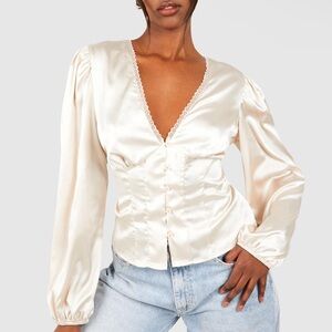 Boohoo Satin Button Detail Long Sleeve Blouse